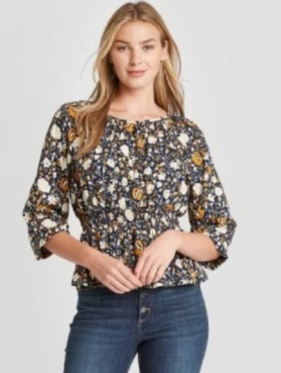 Universal Thread Tops - Universal Thread Navy and Orange Floral Smocked Peplum Blouse Size XXL